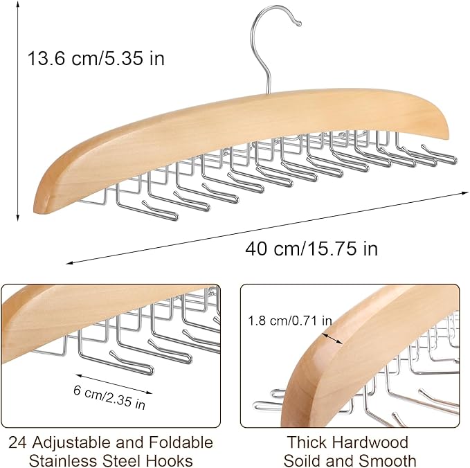 Tie Rack Hanger for Closet,360 Degree Rotating Tie Holder Organizer with 24 Folding Hooks,Wooden Men's Neck Tie Organizer Storage for Belts Tank Tops Scarves