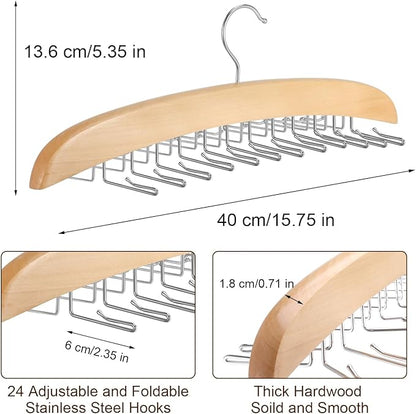 Tie Rack Hanger for Closet,360 Degree Rotating Tie Holder Organizer with 24 Folding Hooks,Wooden Men's Neck Tie Organizer Storage for Belts Tank Tops Scarves