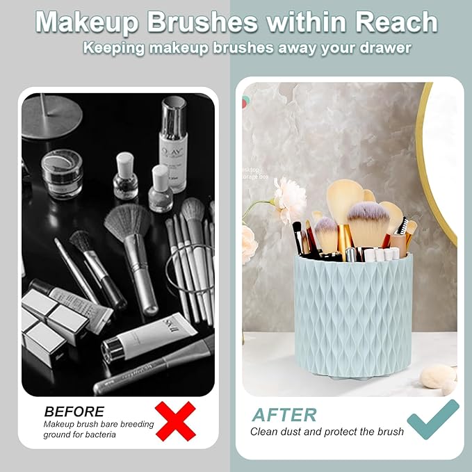 WAFJAMF Makeup Brush Holder 360 Rotating Cosmetics Holders Storage Cup for Vanity Desktop Bathroom Countertop 5 Slot Makeup Brushes Container - Classic Style - Haze Blue