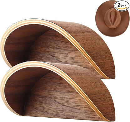 Cowboy Hat Rack for Wall,2 Pack Walnut Wood Hat Holder on Wall, Satin Finish Hat Hooks,Non-Damage Brim Design Can Keeps Original Shape of Hat, for Western Hat Organizer
