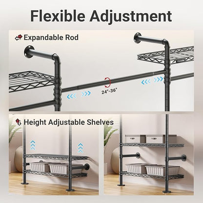 Timate F3 Garment Rack Heavy Duty Clothes Rack for Hanging Clothes, Expandable Industrial Pipe Wall Mounted Clothing Racks, Adjustable Storage Wardrobe Closet Kit Walk in Closet Systems, Black