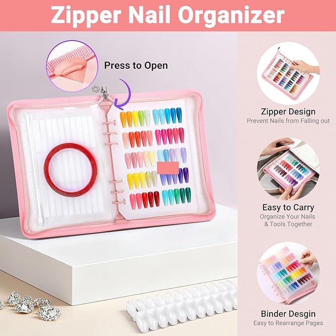 Segbeauty Nail Sample Color Swatches Book with Zipper, Nail Display Book Polish Color Swatches A5 Binder, Gel Press On Nails Organizer Storage Holder with 240 False Fingernail Polish Art Salon Pink