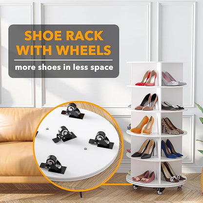SpaceAid Spinning Shoe Rack with Wheels, 5 Tier Rotating Organizer Shoe Tower Lazy Susan with Thick Bottom, 360 Display Revolving Storage Shelf, Round Circular Rotate Organization, White