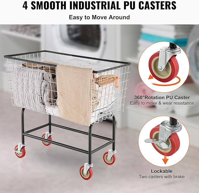 VEVOR Wire Laundry Cart, 3.8Bushel Wire Laundry Basket with Wheels, 32.5''x21.3''x29.9'', Commercial Laundry Basket, Steel Frame with Chrome Finish, 4'' Casters, Wire Cart for Laundry
