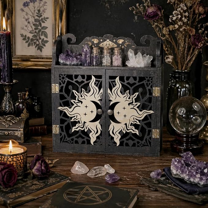 Large Crystal Display Shelf Case for Stones, Carved Sun Crescent Moon Shelf, Trinket Shelf Nail Polish Rack Crystal Holder Essential Oil Storage Rock Cabinet Gem Stone Organizer