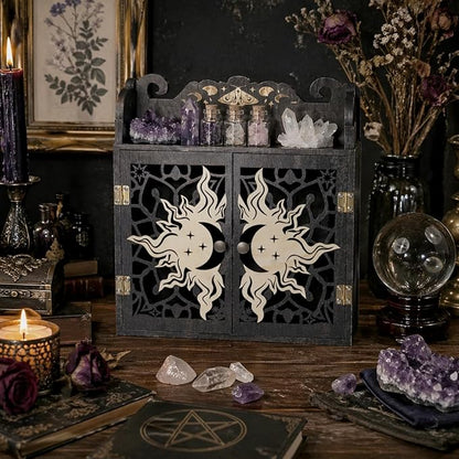 Large Crystal Display Shelf Case for Stones, Carved Sun Crescent Moon Shelf, Trinket Shelf Nail Polish Rack Crystal Holder Essential Oil Storage Rock Cabinet Gem Stone Organizer