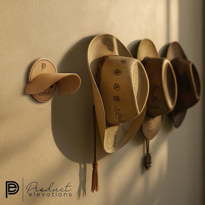 Hat Hooks for Wall Set of 2 – Cowboy Hat Hanger for Fedoras, Caps & Wide Brim Hats – Wooden Curved Rack Preserve Hat Shape – Wall-Mounted Cap Holder for Door & Closet