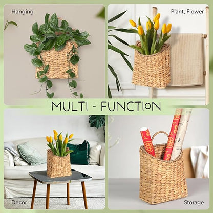 Woven Hanging Water Hyacinth Baskets, Hanging Wall Wicker Basket, Handmade Organizer Baskets, Hanging Flower Basket for Shelves, Walls, Doors, Balconies, Front of House, Garden, Farmhouse, Home.