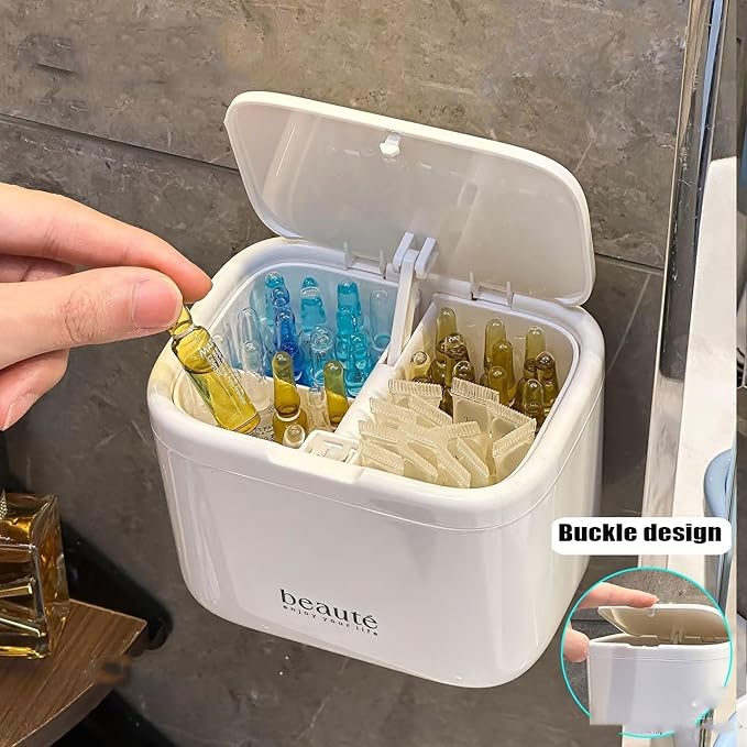 Pop-Up Q-Tip Holder Cotton Pad Dispenser, Wall Mounted or Countertop Bathroom Organizer Box, Automatic Lifting Storage, cotton swab container，Dustproof 4-Grid Vanity Container for Qtip, Floss(White)