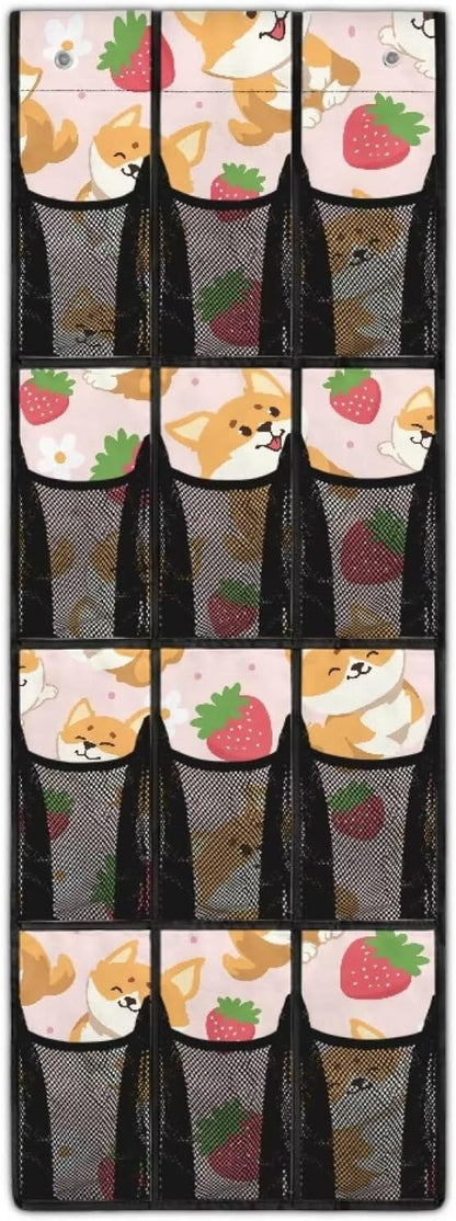 Over the Door Shoe Organizer 12 Large Mesh Pockets Shoe Rack for Door Sturdy Oxford Fabric Hanging Shoe Organizer Strawberry Corgi