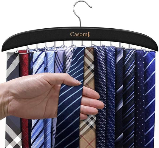 Premium Wood & Sturdy Quality Tie Hanger, 24 Non Slip Metal Hooks, 360 Swivel Design, Anti Slip Grips, Space Saving, Foldable, Black