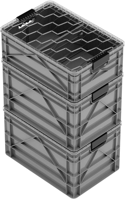 SIDIO CRATE Starter Pack - Two Full Size and One Half Size SidioCrate, Stackable Outdoor Organizer Storage Bins with Clear Lid and Dividers - Gray