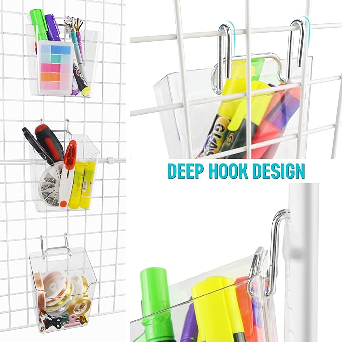 G.CORE Large Grid Wall Bins - 6Pack Clear Gridwall Accessories Hanging Cups with Back Hooks - Plastic Grid Wall Panels Organizers Wire Shelves Holders for Garage Garden Craft Office Tools Storage
