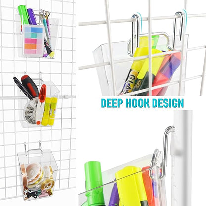 G.CORE Large Grid Wall Bins - 6Pack Clear Gridwall Accessories Hanging Cups with Back Hooks - Plastic Grid Wall Panels Organizers Wire Shelves Holders for Garage Garden Craft Office Tools Storage