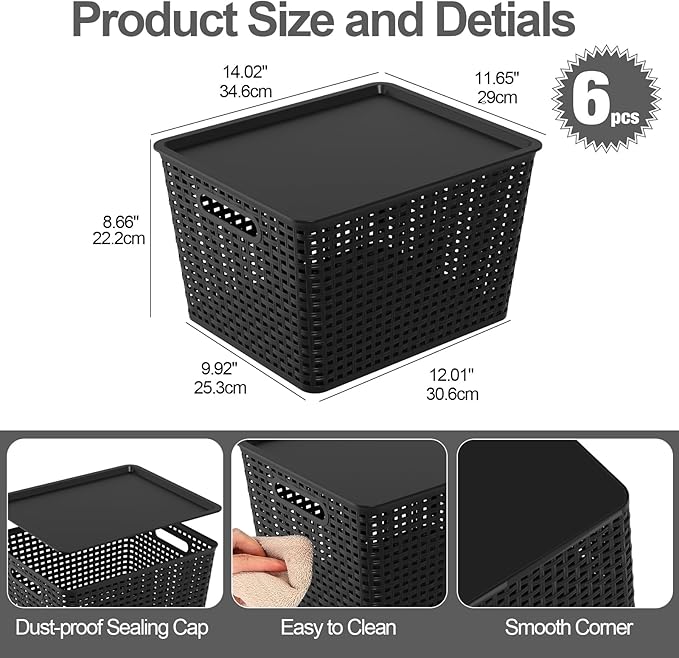 6-Pack Plastic Storage Baskets with Lid, Lidded Storage Organizer Bin, Black