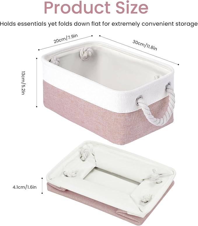 Storage Baskets for Shelves 11.8x7.9x5.2 Inch, Foldable Fabric Storage Bins with Handles, Small Storage Baskets for Organizing Closet, Office, Home Organization (1-Pack, White&Pink)