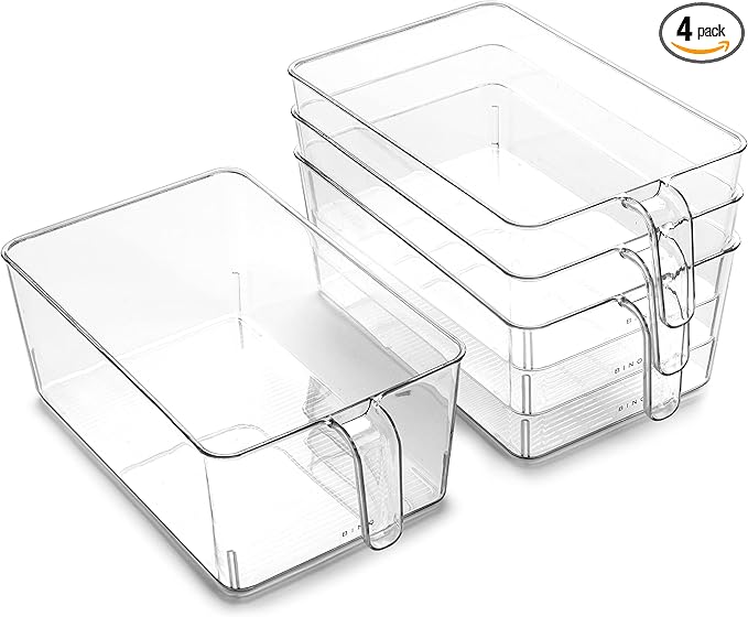 BINO l Plastic Storage Bins l THE HOLDER COLLECTION l 4-Pack, Large Multi-Use Clear Containers for Organizing with Built-in Handles l Pantry Organization & Storage l Kitchen Organizer l Storage Bins