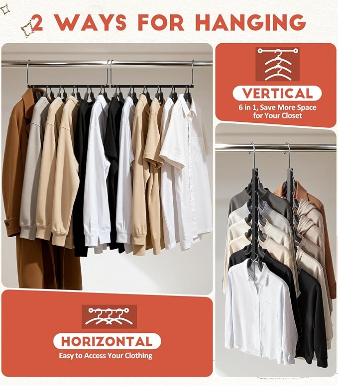 HUITEM Clothes Hangers Space Saving Hangers, 6 Tier Non Slip Shirt Hangers with Foam Padding, Space Saving Coat Hanger Closet Organizers and Storage for Shirts, Sweaters, T-Shirts, Jackets, 2 Pack