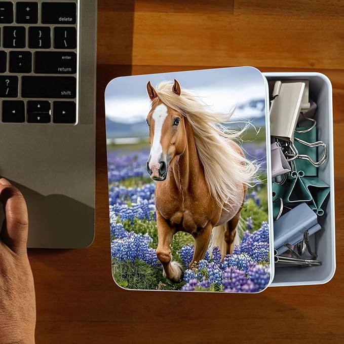 Metal Tin Box Sturdy Metal Storage Box with Lid, Majestic Horse Large Container Holder for TCG Cards, Car Keys, Cookies, Tin Containers for Gift, 5.0x3.7x1.6 Inch, Exquisite Pattern Design
