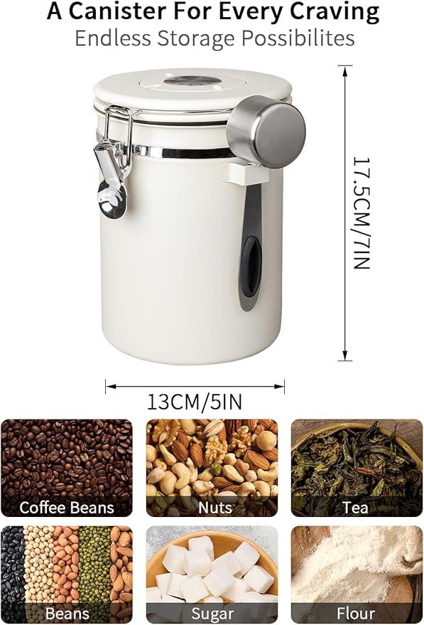 Coffee Canister with Airtight Lid, 22oz, 60 fl oz White, Stainless Steel Air Tight Lid Container with Date Tracker and Scoop Food Storage Jar for Coffee Bean (Cream)
