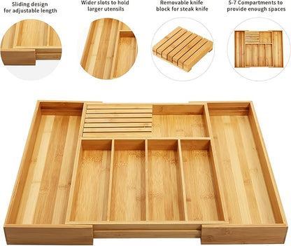 VaeFae Bamboo Silverware Drawer Organizer Kitchen, Expandable Utensil Organizer with Knife Block, Cutlery Tray with Divider, Multifunctional Drawer Organizer