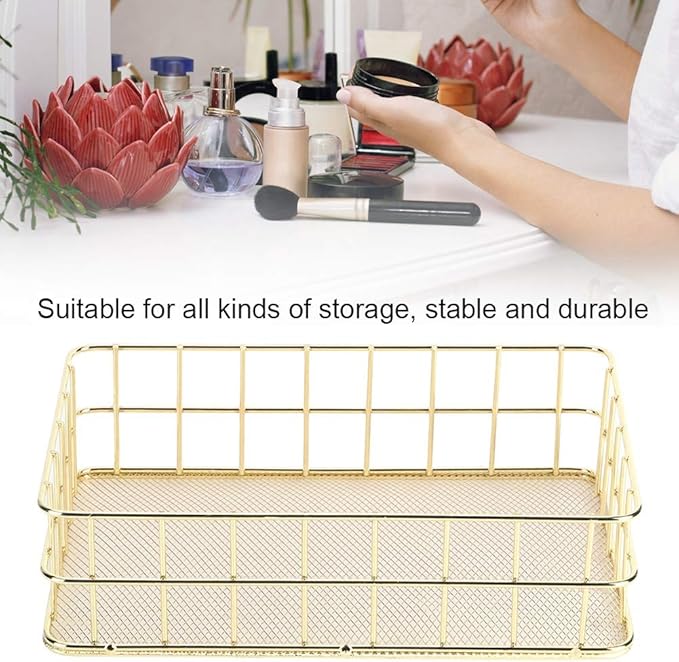 Gold Wire Baskets, 9.6 x 6.5in Metal Storage Basket Desktop Bathroom Sink Counter Toilet Storage Toilet Tank Topper Organizer Tray for Pantry Kitchen