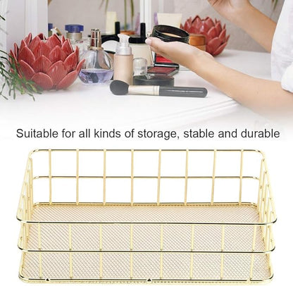 Gold Wire Baskets, 9.6 x 6.5in Metal Storage Basket Desktop Bathroom Sink Counter Toilet Storage Toilet Tank Topper Organizer Tray for Pantry Kitchen