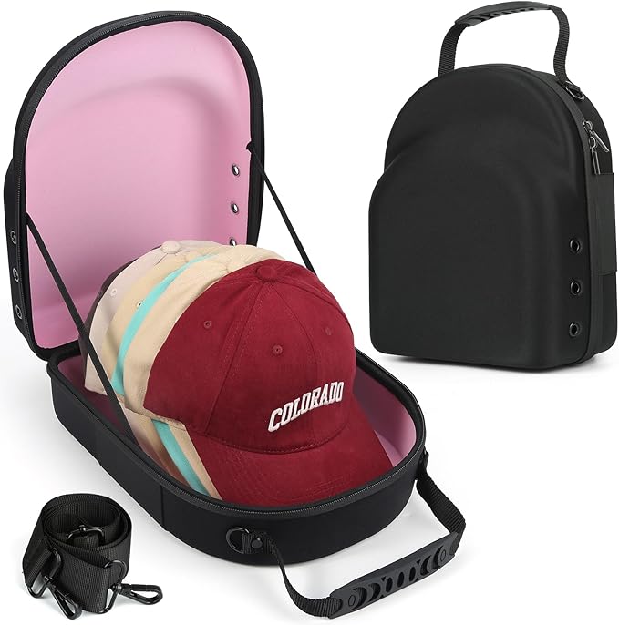 GERMUN Hard baseball hat case, Hat Carrier Travel Case with Adjustable Shoulder Strap, Hat cap case for 6 Baseball Caps - Perfect for Traveling & At-Home Storage (Black with Pink)