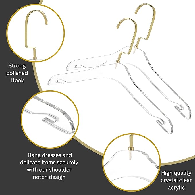 HomeCube USA Clear Acrylic Clothes Hangers with Gold Hooks – Heavy Duty Lucite Design, Elegant & Sturdy for Sweaters, Suits, Jackets, Shirts, Dresses & Boutique Use (20, Small 13")