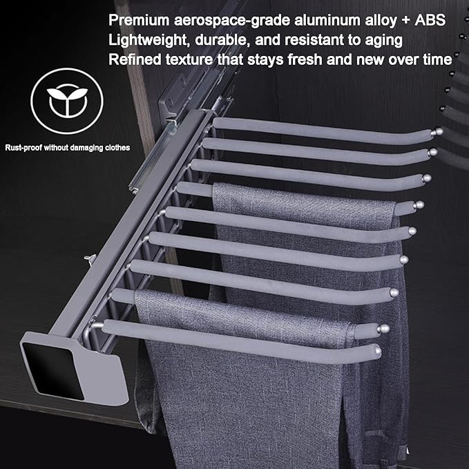 Pull Out Pants Rack, 9 Arms Aluminum Alloy Slid Pant Rack, Closet Pants Organizer Load 51lbs Pull Out Trousers Rack Sizes L 17.7in h 5.5 in w 13.4in (Left-Side Installation)