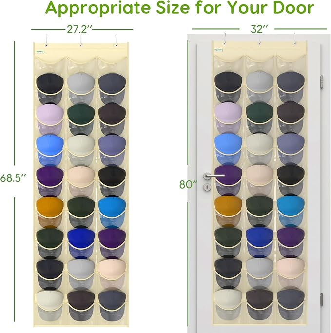 Baseball Hat Rack, 27 Pocket Over-The-Door Hat Organizer with Clear Deep Pockets to Display Baseball Caps Collection, Complete with 3 Over Door Hooks (Beige, 27 Pockets)