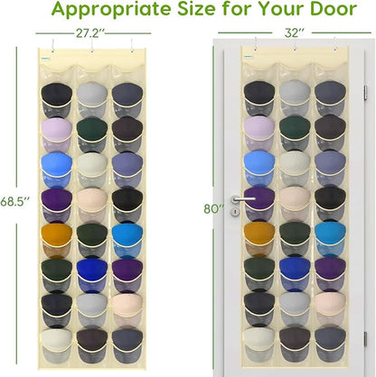 Baseball Hat Rack, 27 Pocket Over-The-Door Hat Organizer with Clear Deep Pockets to Display Baseball Caps Collection, Complete with 3 Over Door Hooks (Beige, 27 Pockets)
