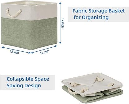 Temary Cube Storage Baskets for Shelves 12 Inch Storage Cubes 4pack Fabric Storage Baskets for Organizing Clothes, Closet Basket with Rope Handles for Home (White&Green)