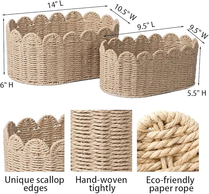 Set of 2 Scalloped Basket, Wicker Storage Baskets, Hand Woven Baskets for Shelves,Natural Baskets for Organizing (Ellipse-16"L x 10"W x 7"H)