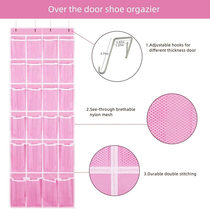 SAVERHO 2 Pack Hanging Shoe Organizer，Over Door Shoe Organizer with 24 Mesh Large Pockets Shoe Storage Bag for Sport Shoes Size:58x21 Inch Hanging Door Shoe Rack Organizer (Pink-2pack)