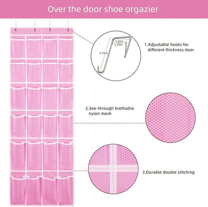 SAVERHO 2 Pack Hanging Shoe Organizer，Over Door Shoe Organizer with 24 Mesh Large Pockets Shoe Storage Bag for Sport Shoes Size:58x21 Inch Hanging Door Shoe Rack Organizer (Pink-2pack)