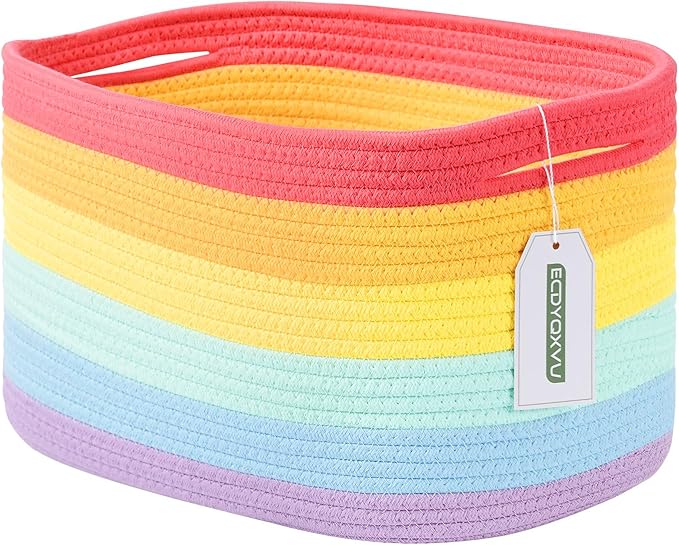 ECDYQXVU Cotton Rope Storage Basket, 15x10x9 Inches, Woven Basket for Shelves, Clothes, Towels, Books, and Laundry, Rainbow (1 Pack)