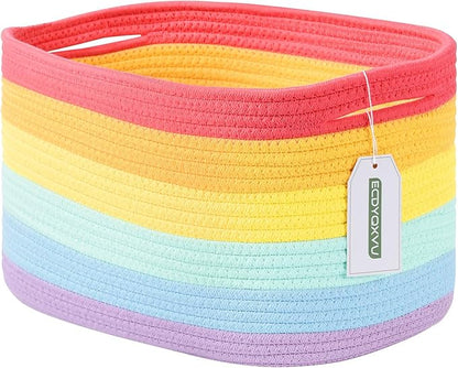 ECDYQXVU Cotton Rope Storage Basket, 15x10x9 Inches, Woven Basket for Shelves, Clothes, Towels, Books, and Laundry, Rainbow (1 Pack)