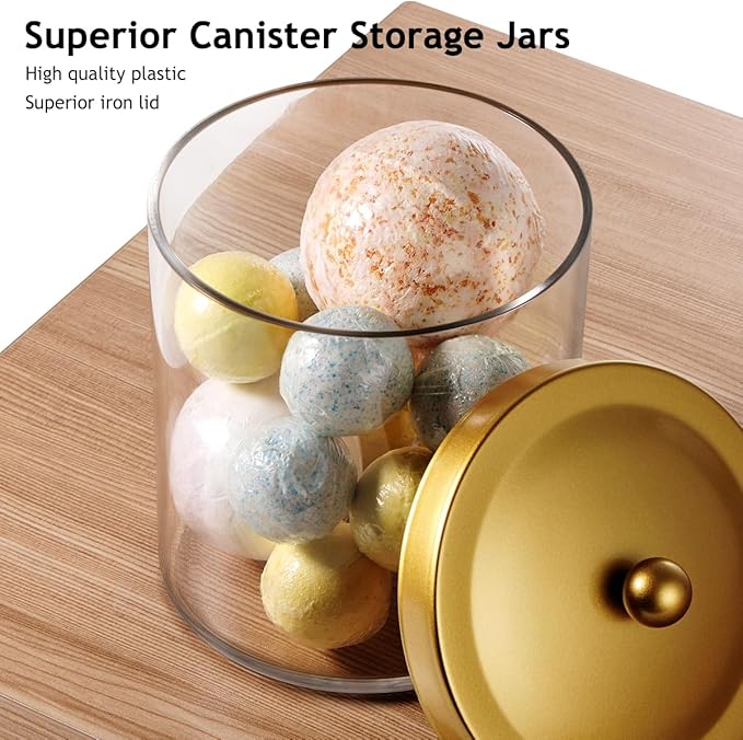 SheeChung 3-Pack Plastic Apothecary Jars with Gold Metal Lids - Large 50oz, 25oz & 15oz Clear Acrylic Storage Set - Shatterproof Modern Luxury Vanity & Home Organizer - Glam Decor