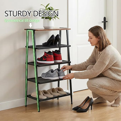A-Shape Shoe Rack, 5-Tier Heavy-Duty Shoe Organizer with Wooden Top & Mesh Shelves, Space-Saving for Entryway, Bedroom, Hallway(31.97" H, Holds 10 Pairs, Rustic Brown)