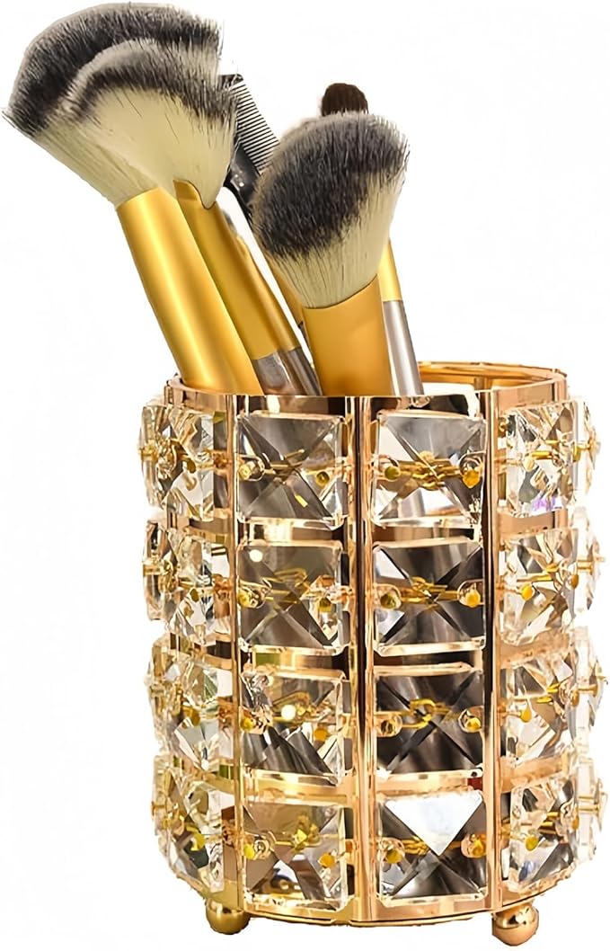 Makeup Brush Holder Organizer Crystal Bling Cosmetic Storage Box for Brushes, Combs & Pens, Candle Holder Container（Gold）