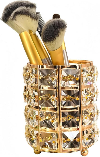 Makeup Brush Holder Organizer Crystal Bling Cosmetic Storage Box for Brushes, Combs & Pens, Candle Holder Container（Gold）
