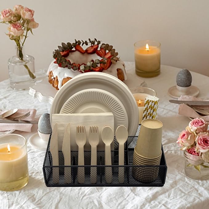 DysanVica Paper Plate Organizer for Countertop - Metal Silverware Caddy with 6 Compartments for Paper Plate Cup Napkin Utensil Holder Caddy for Party Camping Picnic Black