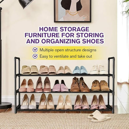 Shoe Rack - Metal Shoe Rack Organizer - Stackable Shoe Storage Shelf for Entryway, Closet, Bathroom 30cm(D) x 92cm(W) x 55cm(H) -Black (3-Tier)