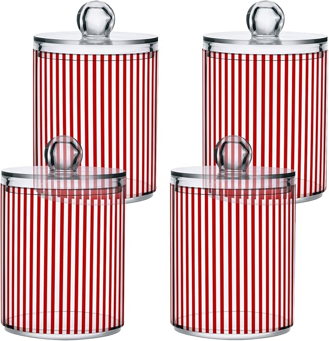 2 Pack Apothecary Jars Red White Stripes Qtip Holder Organizer Clear Airtight Container for Cotton Swabs Food Storage 14oz Plastic Jars with Lids