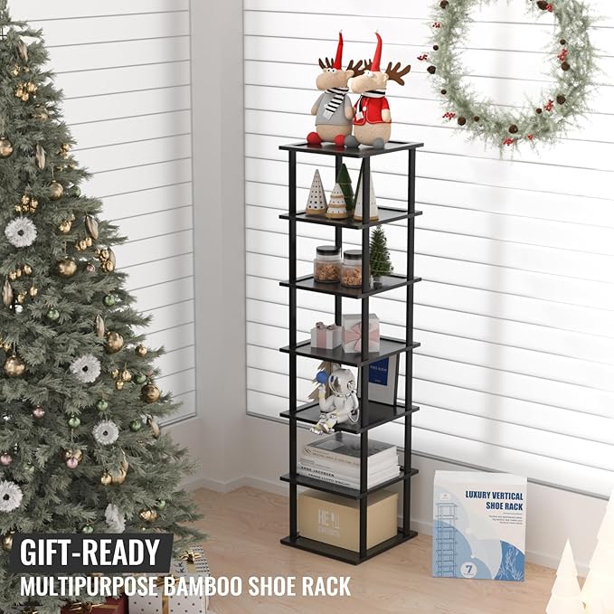 MHXW SXPN Bamboo Free Standing Shoe Rack Shelf Multi Tier Tall Wooden Stackable Shoes Rack Organizer for Closet Front Door Entrance Narrow Vertical Shoe Storage Rack for Corner Stand (Black, 7 Tiers)