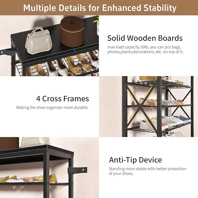 6-Tier Shoe Rack, Metal Shoe Stand with Wooden Top & 4 X Frames, Holds up to 24 Pairs, Sturdy Shoe Shelf for Entryway Closet Garage, Black