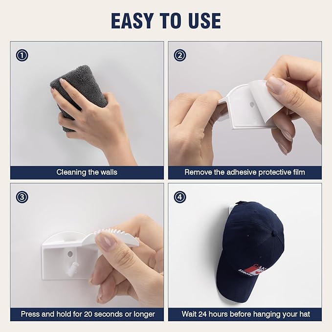 3.0 Inch Hat Hooks for Wall (8 Pack) – Strong Adhesive Cowboy Hat Rack with Anti-Slip Teeth, Cap Holder & Wide Brim Hat Organizer, Strong Hold Hat Hangers for Baseball Caps, Western Room Décor – White