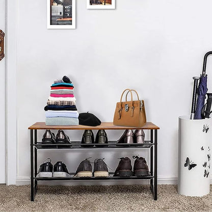 Garden 4 you Shoe Rack for Entryway 3 Tiers 11.8" D x 25" W x 20" H, Metal Shoe Rocks with Brown Wooden Tabletop, Angled Shoes Rack with Adjustable Mesh Shelves for Entryway Hallway Closet