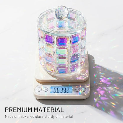 Crystal Qtip Holder Dispenser, 17oz Bathroom Canisters with Lid for Cotton Balls,Swabs,Floss Picks,Hair Accessories, Iridescent Glass Apothecary Jars with Lids,Vanitys Bathroom Organizer and Storage